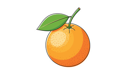 Fresh and juicy whole orange fruit with its green stem and a single leaf in a vibrant color illustration for citrus and healthy food themes.
