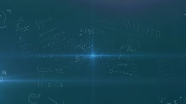 Animation of mathematical equations and lens flare over green background