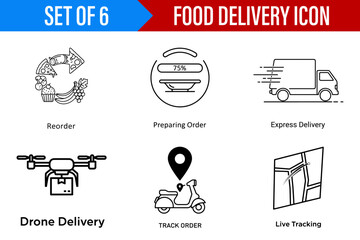 Fototapeta premium Minimalist and Clear Food Delivery Icon Set for Digital Interfaces featuring Line Art Illustrations for Tracking and Express Shipping