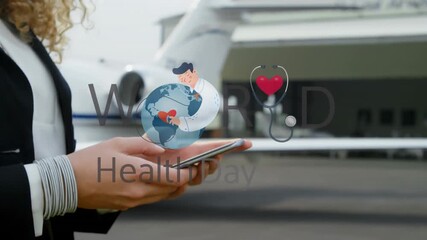 Animation of world health day text over caucasian businesswoman at airport - Powered by Adobe