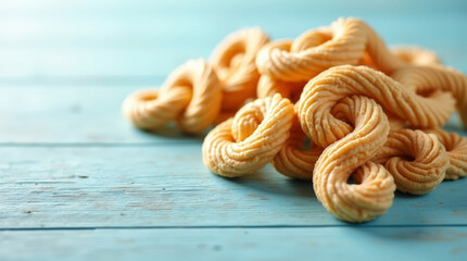 Traditional twisted Greek Easter koulourakia cookies on blue wooden table, golden baked texture, soft natural light, minimal festive baking scene