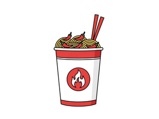 A steaming cup of noodles with chili peppers and chopsticks on a white