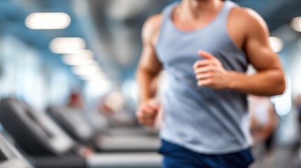 Athlete running on a treadmill with sharp focus on movement while the indoor cardio zone softly fades behind.