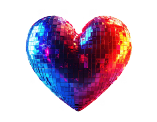 3D glowing pixelated heart in vibrant neon red and blue ,white background.