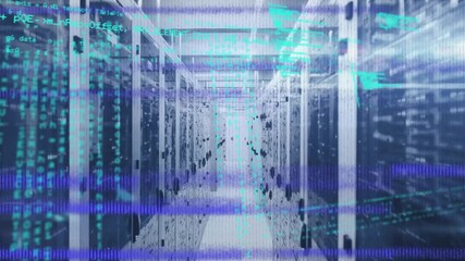 Animation of glitch technique, computer language and bars against server room - Powered by Adobe