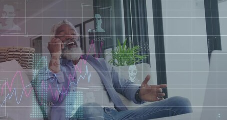 Animation of financial data processing over african american man using smartphone - Powered by Adobe