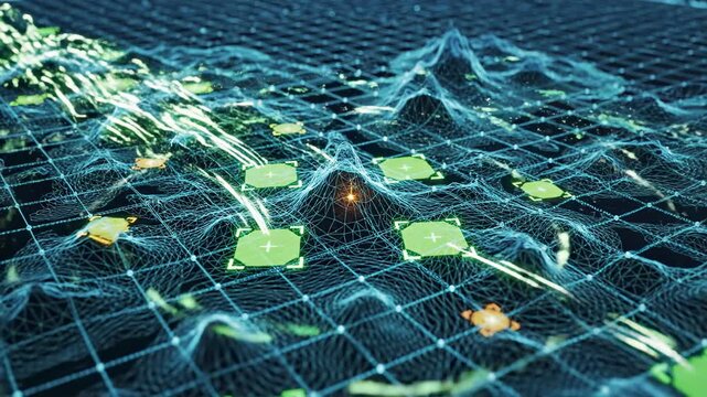 Abstract digital tactical map overlay depicting flowing drone sensor data streams and green targeting squares scanning a complex topographical grid background, seamless, HUD