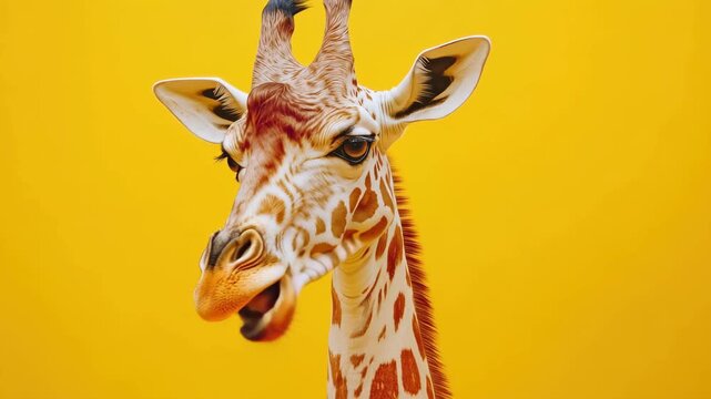 Giraffe portrait against vibrant yellow background showcasing unique features and natural beauty