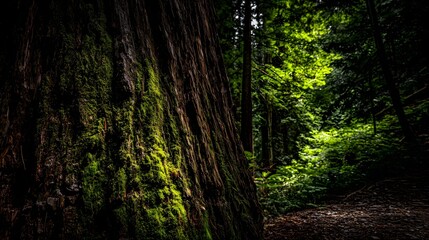 Obraz premium Ancient redwood tree bark with vibrant moss and green forest foliage in dappled sunlight.