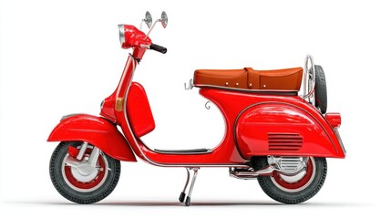 Classic red scooter side view with vintage design on white background.