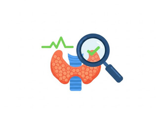 Thyroid gland anatomy with magnifying glass and green heartbeat line on white