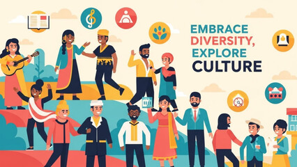 Diverse group of people celebrating cultural diversity and unity illustration for global understanding and inclusion with icons representing arts and t