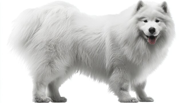 Fluffy samoyed dog standing against white background.