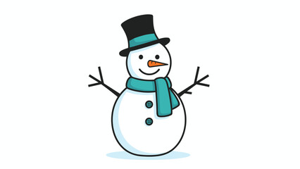 Friendly snowman wearing a black top hat and teal scarf standing happily on a winter day in a colorful cartoon style.