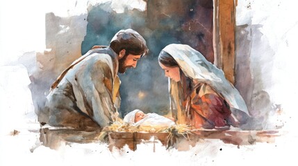 Fototapeta premium Young caucasian male and female with infant in nativity scene watercolor painting.
