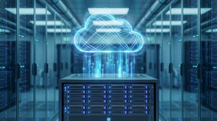 Cloud Computing Data Storage Concept with Digital Cloud Over Server Rack