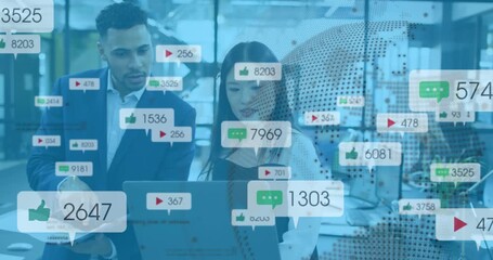 Animation of globe, computer language, notification bars over diverse coworkers discussing reports - Powered by Adobe