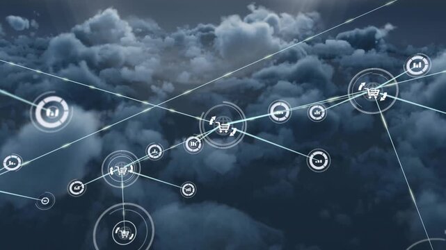 Animation of shopping cart and graph icons connected with lines over dense stormy clouds