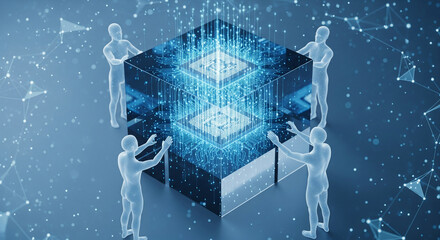People interacting with glowing blue cube in futuristic digital environment