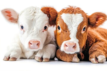 A couple of brown and white cows laying next to each other