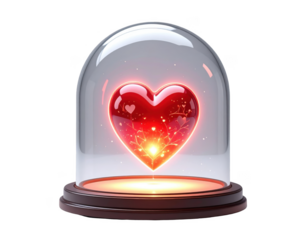 3D render of a glass dome covering a small glowing heart light,white background.