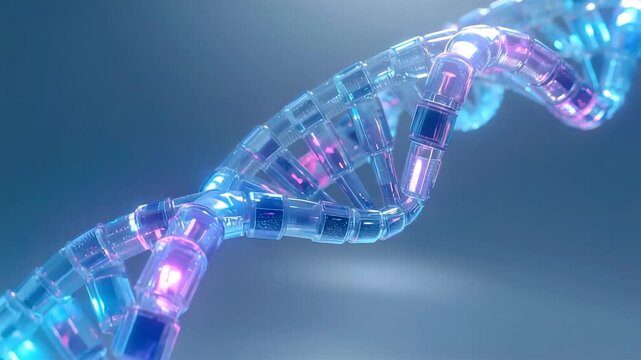 Glowing Blue Pink DNA Double Helix Strand with Illuminated Base Pairs Molecular Structure Visualization