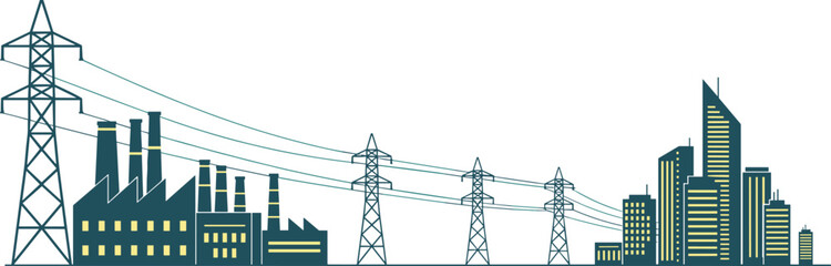 Electric power transmission lines connecting industrial factory zone to modern city skyline representing energy infrastructure urban development vector illustration © Hello there