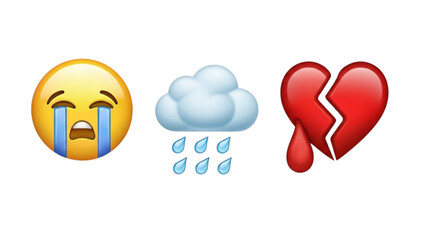 A crying face emoji, a raining cloud emoji, and a broken heart emoji displayed together on a white background