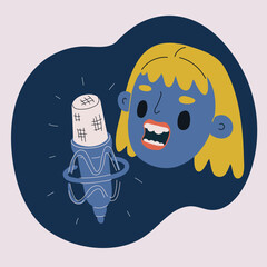 Cartoon vector illustration of woman blogger with a microphone, symbolizing podcasting, creativity, digital communication against dark background