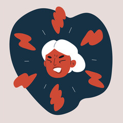 Cartoon vector illustration of an angry woman surrounded by red lightning bolts symbolizing rage intense emotion against dark background