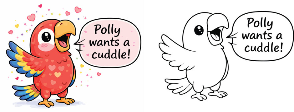 Adorable vector illustration of a cartoon parrot with a coloring page outline Polly loves to cuddle with hearts and confetti, says the happy red macaw