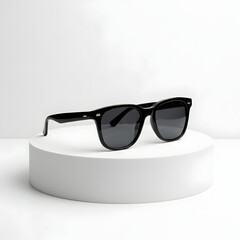 Black Sunglasses on White Pedestal Display.