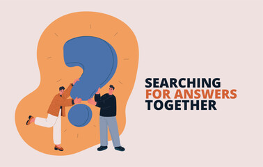 Cartoon vector illustration of people holding a question mark symbolizing curiosity, inquiry, problem solving