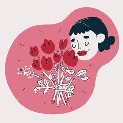 Cartoon vector illustration of a woman smelling a bouquet of flowers, enjoying the fragrance beauty