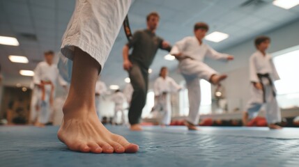 Focused medium shot of a coach guiding a youth students kicking technique highlighting precise foot positioning against a softfocus gym interior.