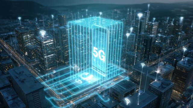 5G Tower in the City: A futuristic visualization showcasing a towering 5G network center embedded within a sprawling urban landscape, highlighting the advanced technology.