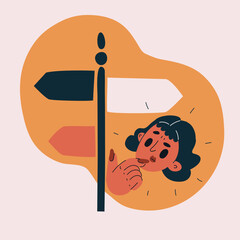 Cartoon vector illustration of woman pondering under a directional sign, symbolizing choices, decision-making, uncertainty