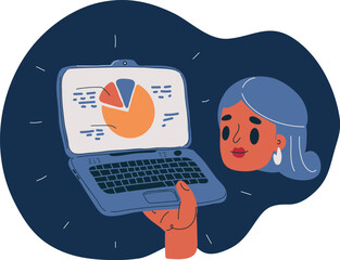 Cartoon vector illustration of a woman holding a laptop displaying a chart, analyzing data with focus