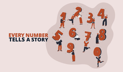 Cartoon vector illustration of people with numbers from 0 to 9, symbolizing counting, education, numerical concepts. 0, 1, 2, 3, 4, 5, 6, 7, 8, 9