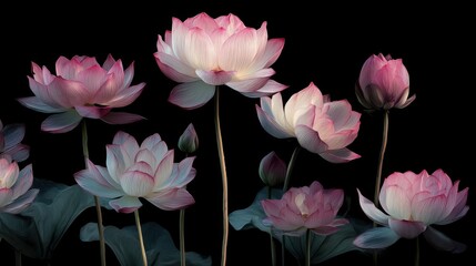 Fototapeta premium Vibrant pink lotus flowers on dark background.