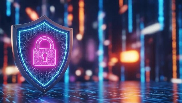 Digital security shield featuring a glowing pink padlock and circuit patterns