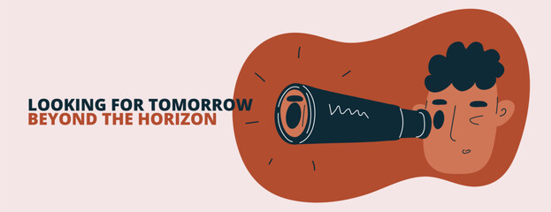 Cartoon vector illustration of man looking through a telescope, symbolizing exploration, vision, future planning