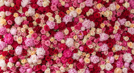 A vibrant floral wall of densely packed roses and peonies in shades of red, pink, peach, and cream