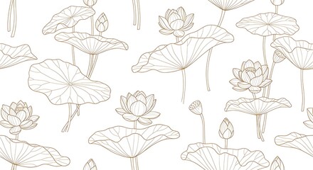 Delicate botanical illustration of blooming lotus flowers and lily pads in a seamless pattern