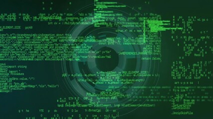 Green computer code and data processing animation over circular digital interface - Powered by Adobe