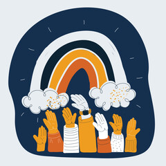 Cartoon vector illustration of raised hands under a rainbow symbolizing joy, diversity, and celebration against dark background