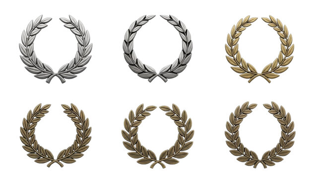 Collection of metallic laurel wreaths in various finishes symbolizing victory and achievement, isolated on white background