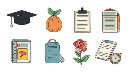 A collection of educational and stationery items depicted in a flat design illustration