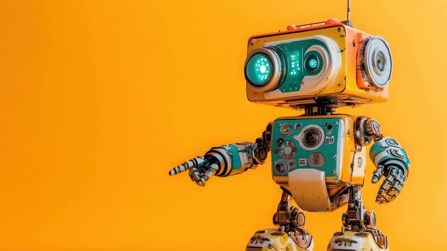 Robot with colorful design points towards the viewer against a vibrant orange background