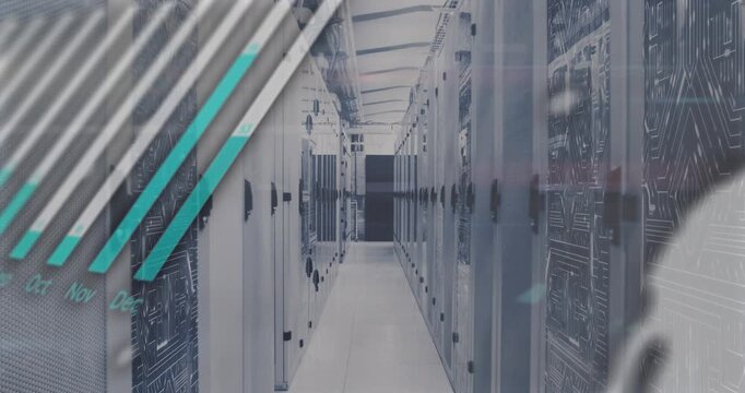 Emerging data circle initiating sliding bars, rotating stripes, expanding map overlay in corridor
